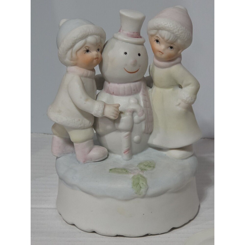 VTG Rotating Children & Snowman Music Box Ceramic Figurine Christmas Wind Up